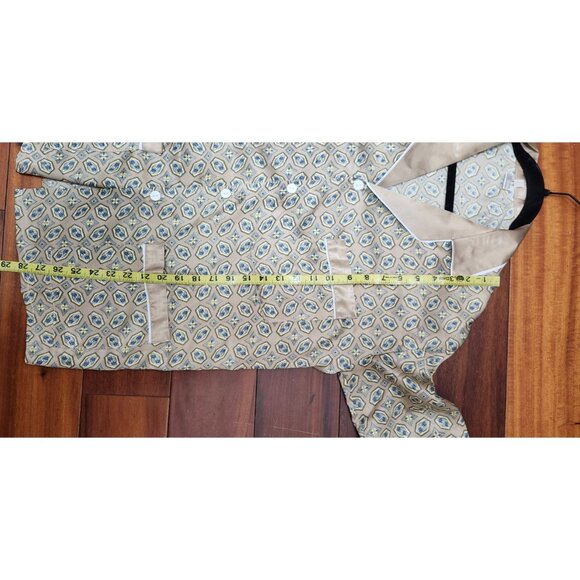 Luxury 100% Silk Pajama Set Women’s Beige Blue Geometric Print Button Top & Pant - Picture 6 of 10